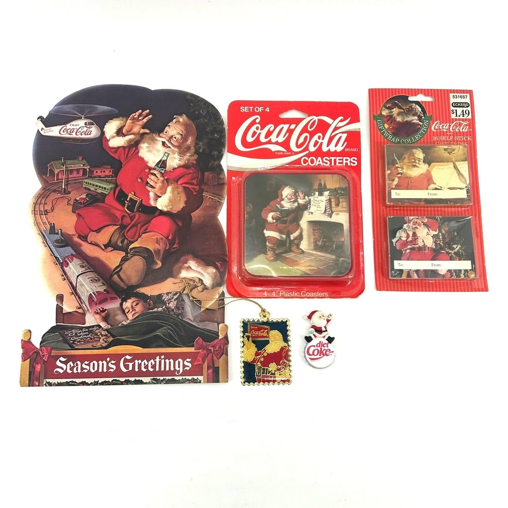 Vintage Coca-Cola Christmas Santa Decor Lot Coasters Gift Tags Ornament Magnet